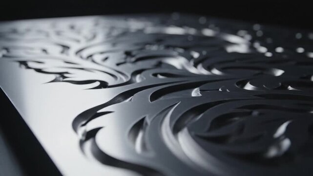 Close animated movie view of polished metal embossing with intricate swirling patterns and reflective surface