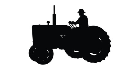 A vintage tractor with a farmer driving shown in black silhouette
