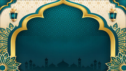 Royal Arabic Arch Design with Golden Accents and Mosque Silhouette