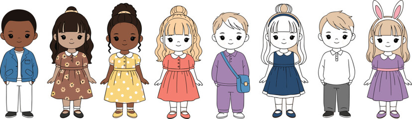 Obraz premium Diverse Cute Kids Characters Set with Different Skin Tones Hairstyles and Outfits Inclusive Children Cartoon Vector Illustration Collection