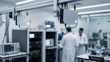 Fototapeta premium Medium shot inside a scientific lab where focused 5G nodes automatically configure network performance while lab apparatus and technicians remain softly out of focus.