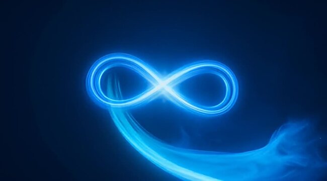 Glowing blue infinity symbol on dark background suggesting timelessness and continuity