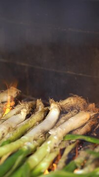 Close-up of a chef's hand rearranging traditional Catalan cal&ccedil;ots, or Catalan onions, roasting over flames and smoke on a rustic brick barbecue.