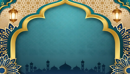 Elegant Arabic Arch Frame with Gold Accents and Mosque Silhouette