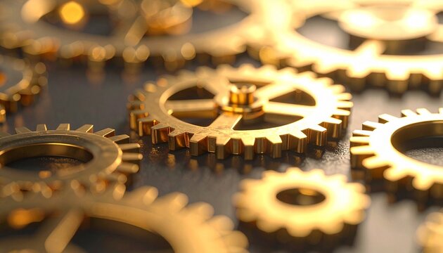 Golden Gears Close Up Abstract Interlocking Mechanism Precision Engineering Machine Technology.