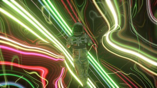 Astronaut exploring a vibrant warp speed tunnel made of swirling neon lights, representing themes of space travel, cosmic journeys, and futuristic exploration through a psychedelic vortex
