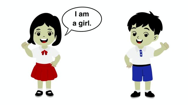 Cartoon motion of Thai student boy and girl in school uniform introducing themselves, cute children with speech bubbles saying I am a girl and I am a boy on white background for education
