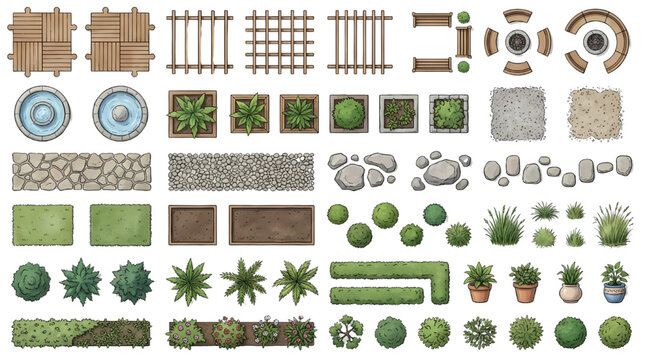 Top Down Landscape Garden Design Vector Pack with Furniture Pathway Fountain Plan Elements