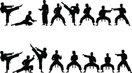 Flat vector martial arts silhouettes, fighters training, karate poses, taekwondo kicks, self defense stances, combat practice, sports discipline, action design © MstFerdushe