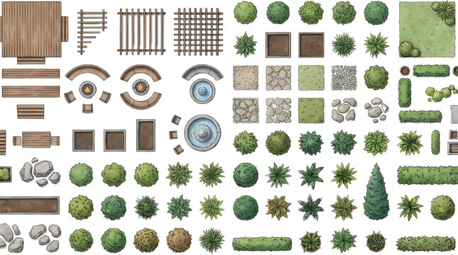 Overhead Garden Landscape Plan Vector Collection with Pathway Furniture Water Feature Elements