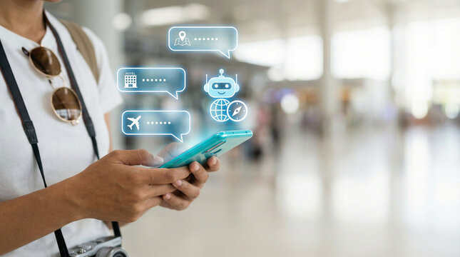Traveler Using AI Chatbot Assistant on Smartphone for Flight and Hotel Booking, Artificial Intelligence Virtual Concierge for Travel Planning and Navigation Concept