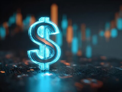 A glowing dollar sign on a techy surface, with blurred market data in the background