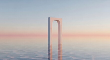 Minimalist archway rises from calm water, reflecting in the serene surface, a digital artwork with soft pastel hues and a tranquil, dreamlike atmosphere.