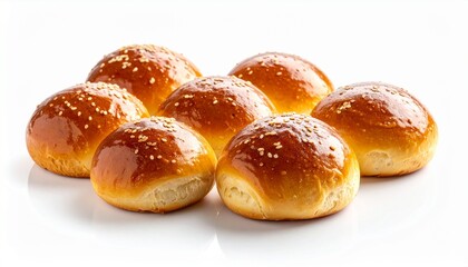 Freshly Baked Golden Buns with Sesame Seeds on White Background Perfect for Sandwiches and Appetizing Display.