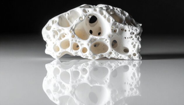 Porous White Structure Reflecting on Shiny Surface Abstract Science Concept Artistic Display Unique and Striking Visual.