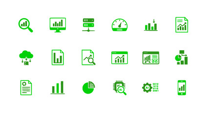 Business analytics icons including charts, reports, statistics, and data management symbols. Flat vector EPS.