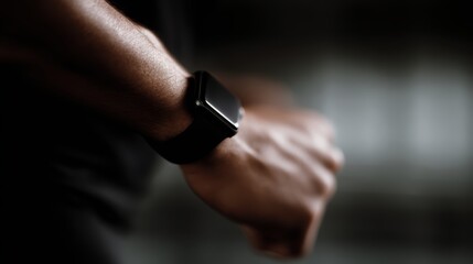 A person wearing a smartwatch while exercising, focus on the gadget, tracking health data, modern sport technology