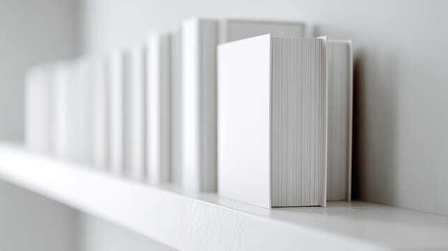 Minimalist shot of a row of white books on a white shelf, focus on the first book, plenty of shelf space