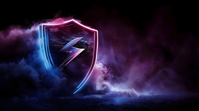 Neon Cyber Security Shield with Lightning Icon &ndash; Data Protection, Network Firewall, Digital Privacy Concept