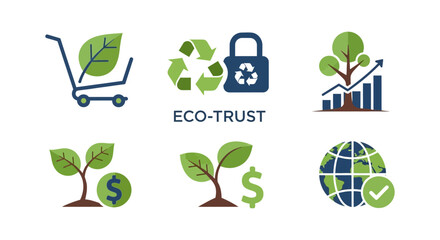Eco-Trust Green Business Icons Set: Sustainable Growth, Environmental Investment, Recycling, and Global Protection Concepts