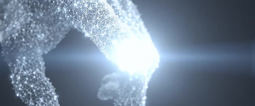 A luminous, digitized hand reaches, formed of interconnected nodes against a dark background
