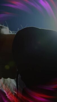 Vertical video: Female singer leaning to mic, tilting, singing on stage, magenta streaks sweeping