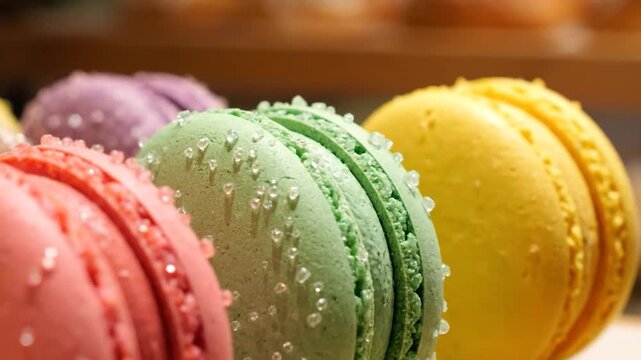 Close-up of Colorful Macarons with Sugar Sprinkles, a Delightful Sweet Treat.