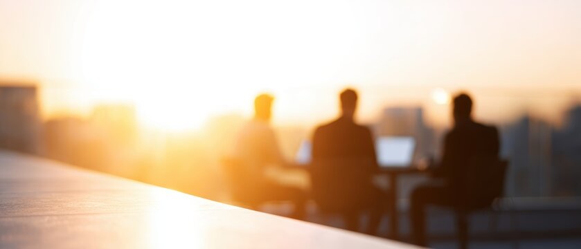 Realistic photography of a startup team sitting on a terrace with laptops, working together during golden hour, hybrid work lifestyle