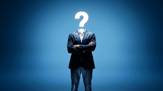 Business Man with Crossed Arms and Question Mark Head in Deep Blue Background