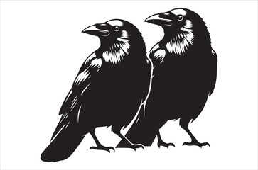 Obraz premium Two black ravens perched closely together in a graphic illustration