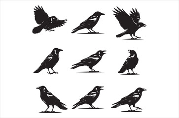 A collection of black silhouettes depicting crows in various poses