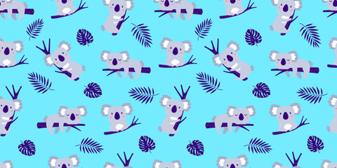 Seamless koala pattern with charming cartoon koalas scattered across a vibrant blue background