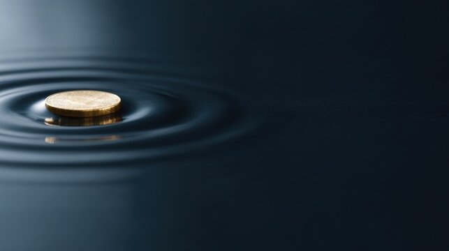A single gold coin standing on its edge on a perfectly still water surface, ripples expanding, wealth impact concept