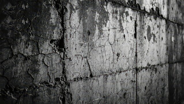Close-up of dark gray concrete wall texture, interwoven with cracks and mottled texture, presenting a rough industrial-style visual effect, making it a material image suitable for background and textu
