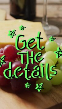 Vertical video: Overlay popping, neon cycling, cam panning right, showing grapes and cheese detail