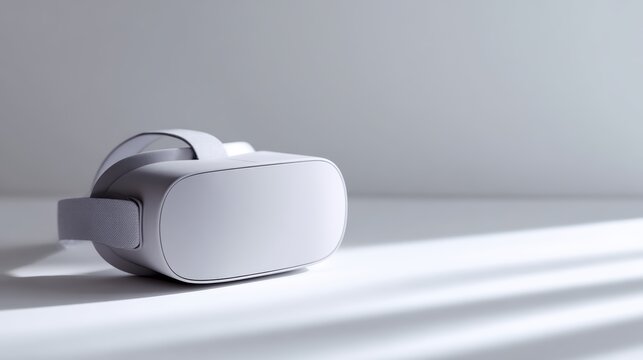 Shot of a VR headset on a clean white desk, isolated with soft shadows, plenty of room for tech text