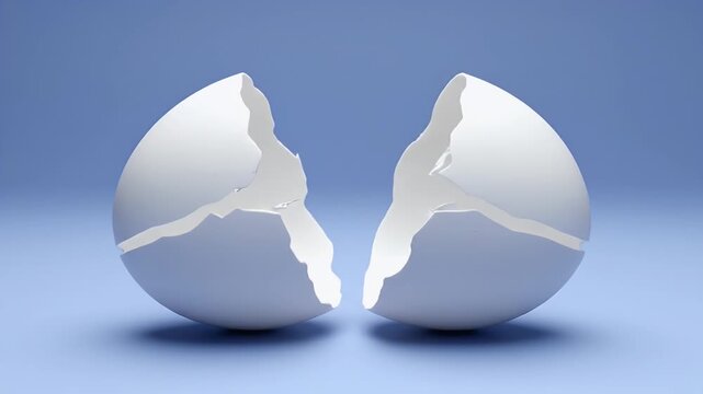 Cracked white egg shell on blue background.