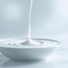 Minimalist background of a single drop of milk falling into a bowl of white liquid, splash effect