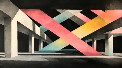 A geometric abstract painting featuring a complex interplay of intersecting lines and shapes in various colors.