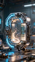 Obraz premium Futuristic mechanical device with glowing blue frame and energy particles inside a transparent chamber