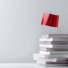 Obraz premium A single red flag on top of a mountain of books, minimalist white background, success through learning and strategy
