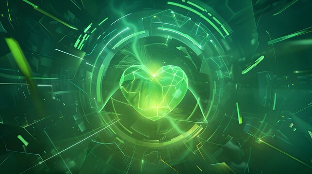 Futuristic green digital heart with holographic HUD interface symbolizing love, AI connection & sustainable innovation. Ideal for tech, eco energy & modern branding design.