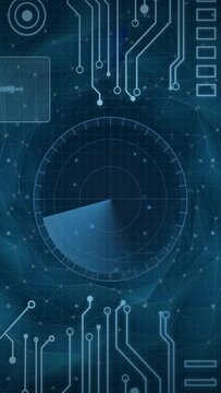 Vertical video: HUD dial with radar wedge appearing, rotating right and scanning nodes for status
