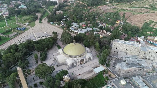 Aerial Zoom Out from the New Cathedral of St. Mary of Zion to the Old Church, Axum, Ethiopia.