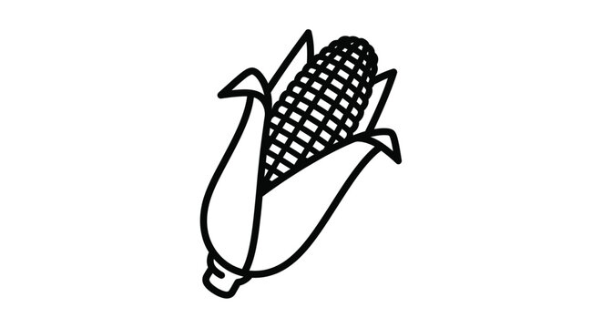 Simple black and white line drawing of a corn cob with husk leaves