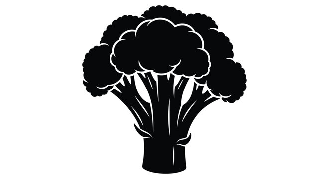 A black silhouette of a broccoli floret against a plain white background
