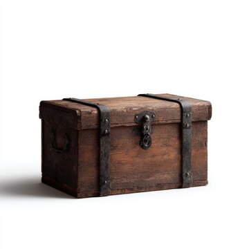 Realistic shot of an old wooden chest isolated on a white background, vintage furniture and storage concept
