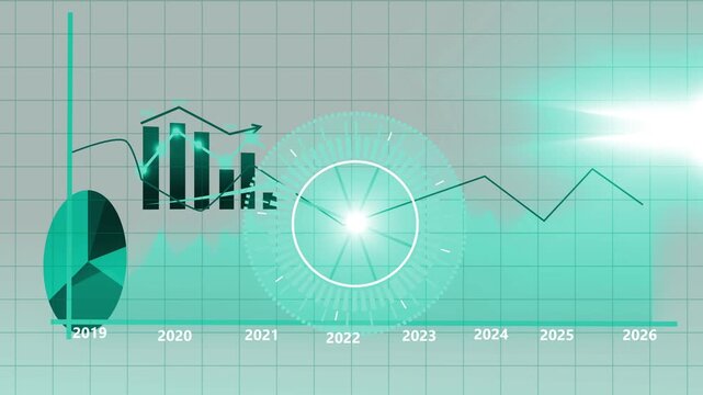 Futuristic business timeline hud animation, Futuristic business chart with timeline 2019&ndash;2026, central circular data HUD, line and area graphs