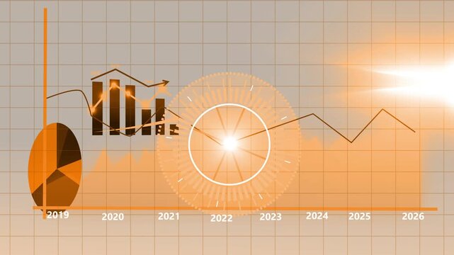 Futuristic business timeline hud animation, Futuristic business chart with timeline 2019&ndash;2026, central circular data HUD, line and area graphs