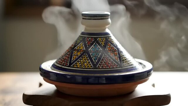 Authentic Moroccan Tagine Steaming on a Wooden Trivet, Ready to Serve a Delicious North African Meal